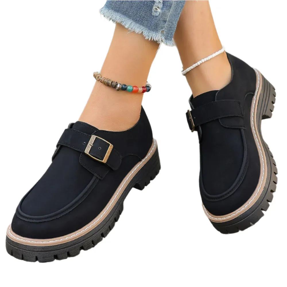 Fashionable Buckle Loafers For Women British Style Height-Increasing Thick-Soled Casual Shoes