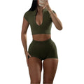 Sports Zipper Short-Sleeved Top And Shorts Two-Piece Gym Workout Outfit Clothing Set Suit For Women