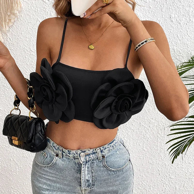 Elastic Sexy Black Flower Camisole Crop Top For Women