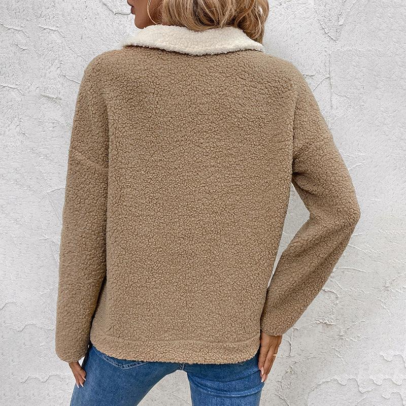 Long Sleeve Stand Collar Color Matching Warm With Velvet Sweater For Women