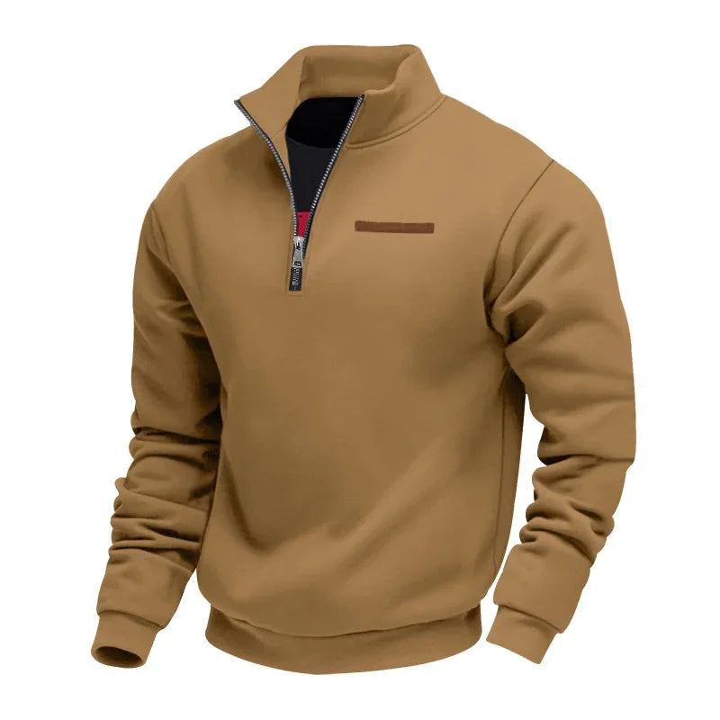 Fleece-Lined Mid-Length Zip-Up Loose-Fit Stand-Up Collar Casual Sweater