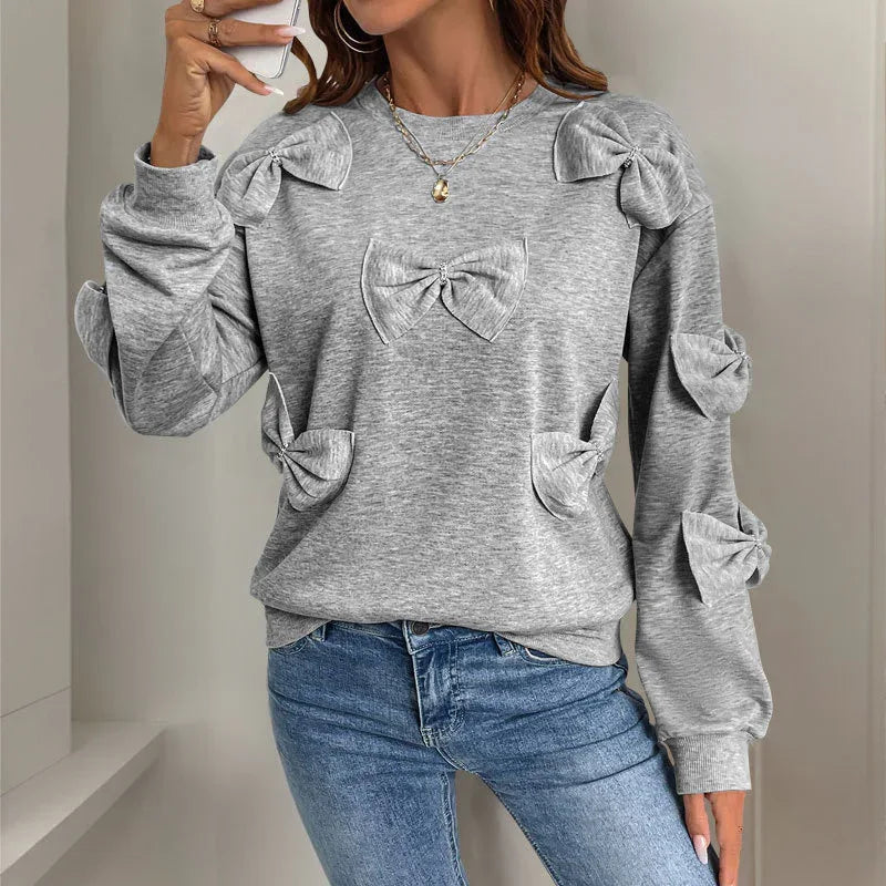 Casual Cool Bow Tie Stitching Women's Gray Round-Neck Sweater