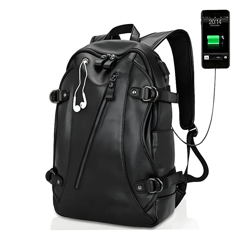 Men's Leather USB Charging Backpack