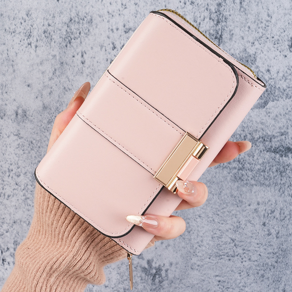 Gold-Clasp Foldover Zip Wallet
