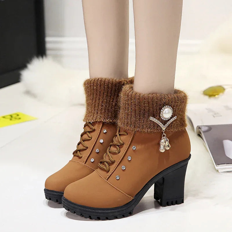 Women's Chunky Heel Lace-Up Rhinestone Martin boots