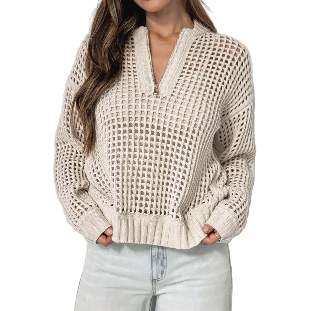 Fashion Women's Wear Pullover Zipper Half Cardigan Hollow Out Sweater