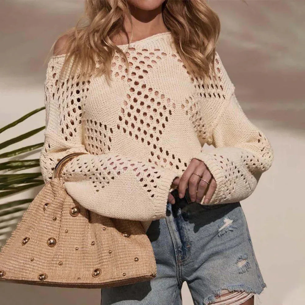Hollow-Out Off-Shoulder Long Sleeve Knitted Sweater