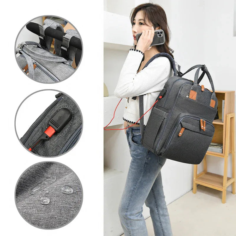 Maternity Unisex Diaper Bag With USB Charging Port Insulation Pockets Large Capacity And Portable Foldable Crib