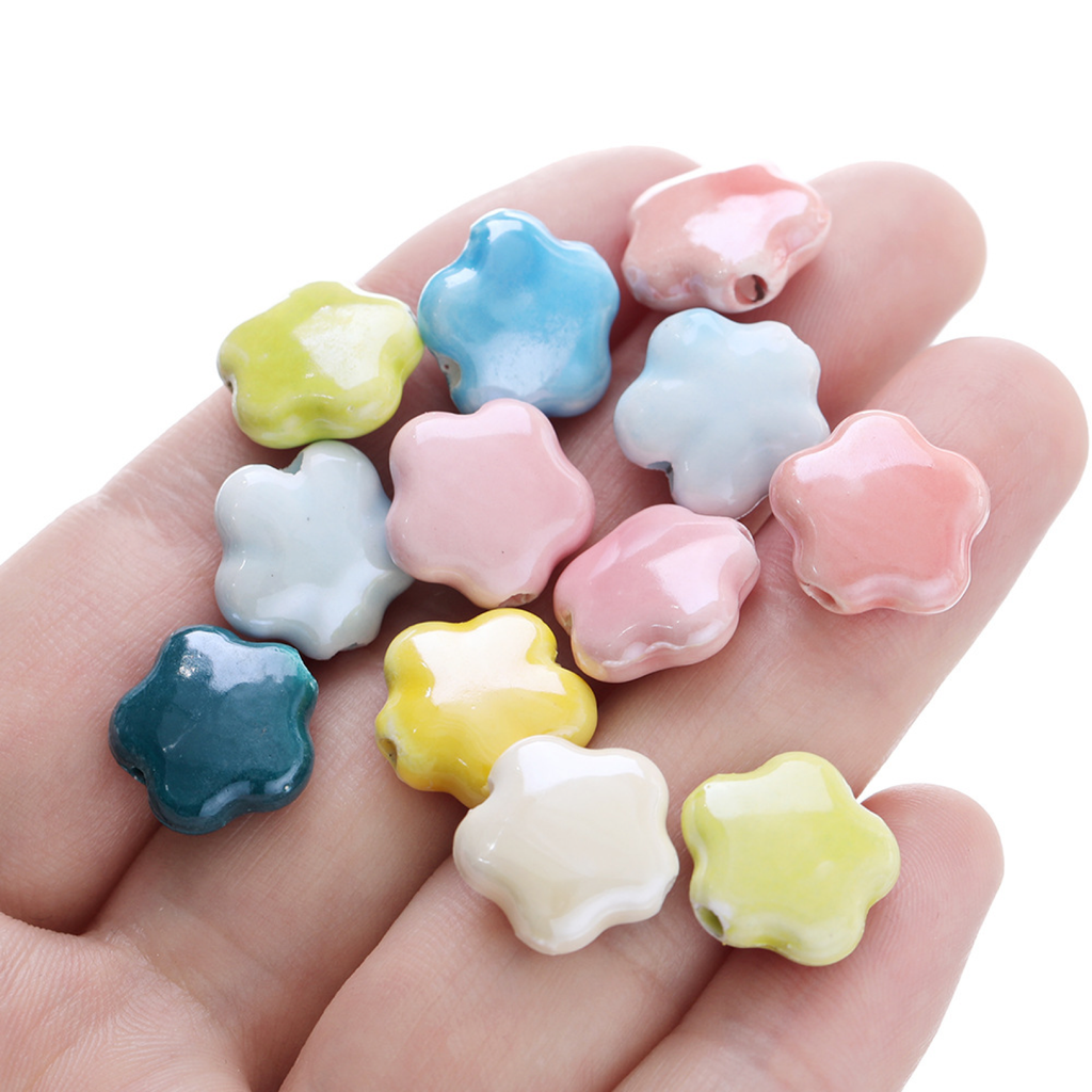 Five-Petal Ceramic Flower Beads, 10-Pack