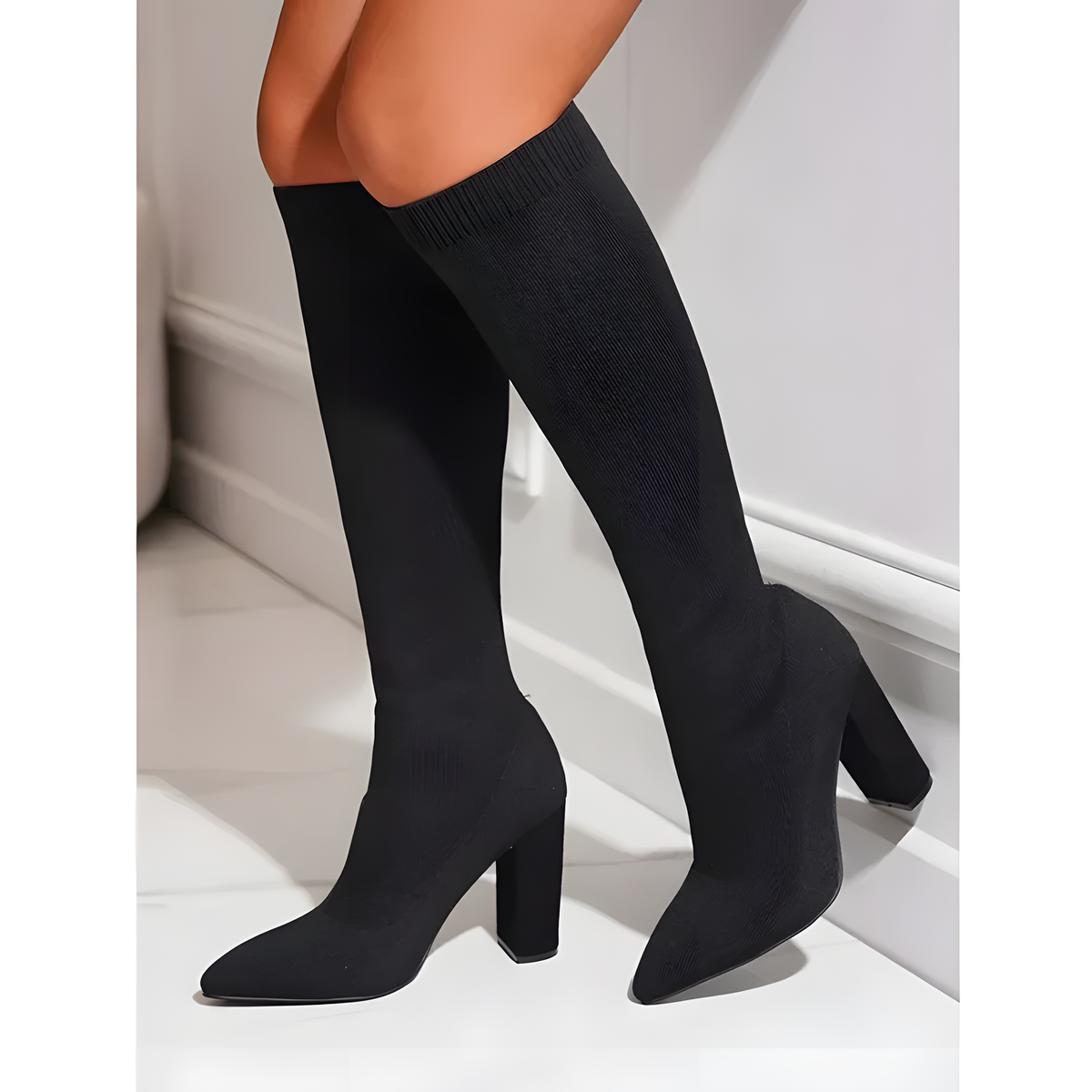 Stretch-Knit Block-Heel Boots