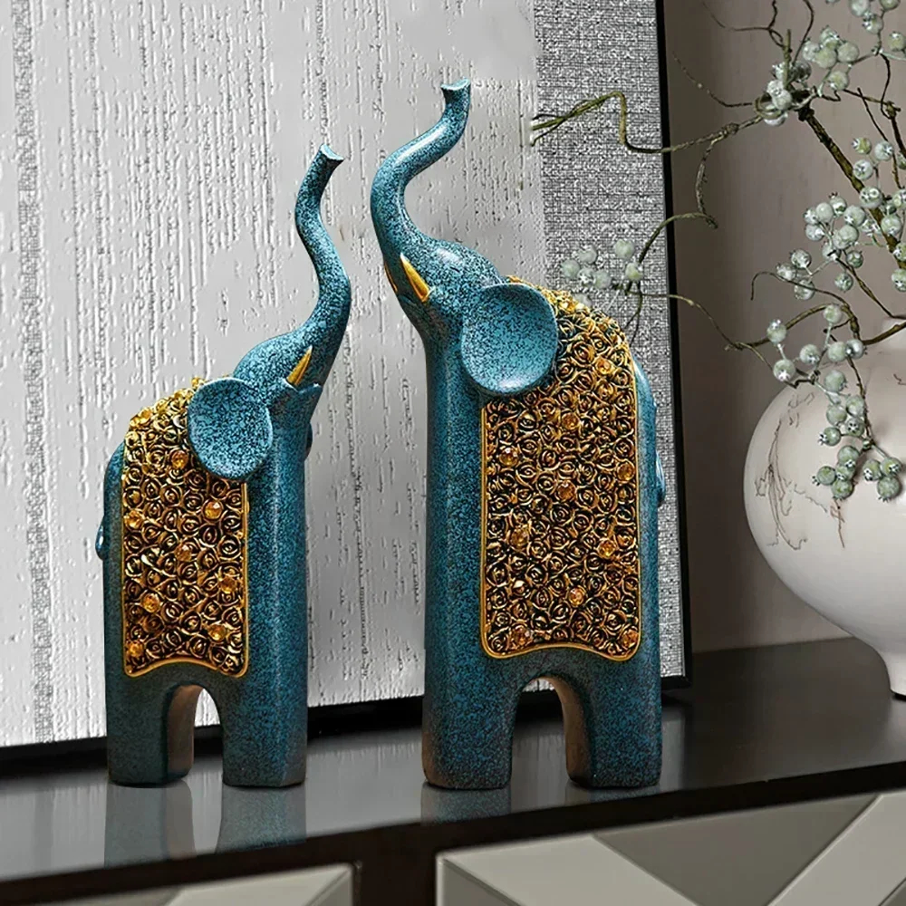 Blue & Gold Elephant Figurine Pair