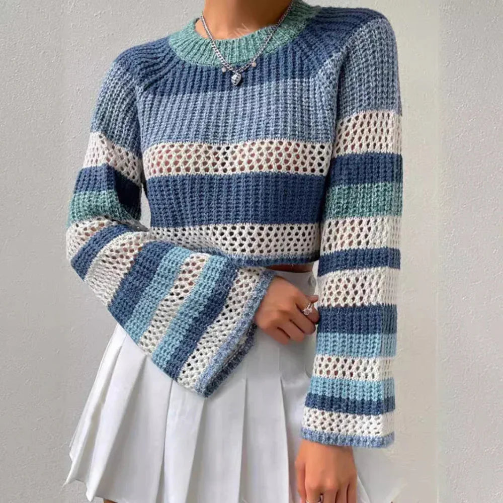 Contrast Color Striped Hollow Short Fashion Women's Sweater