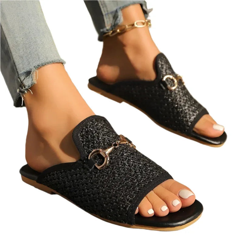 Hollow Square Toe Sandals Summer Fashion Solid Flats Slides Women Beach Shoes