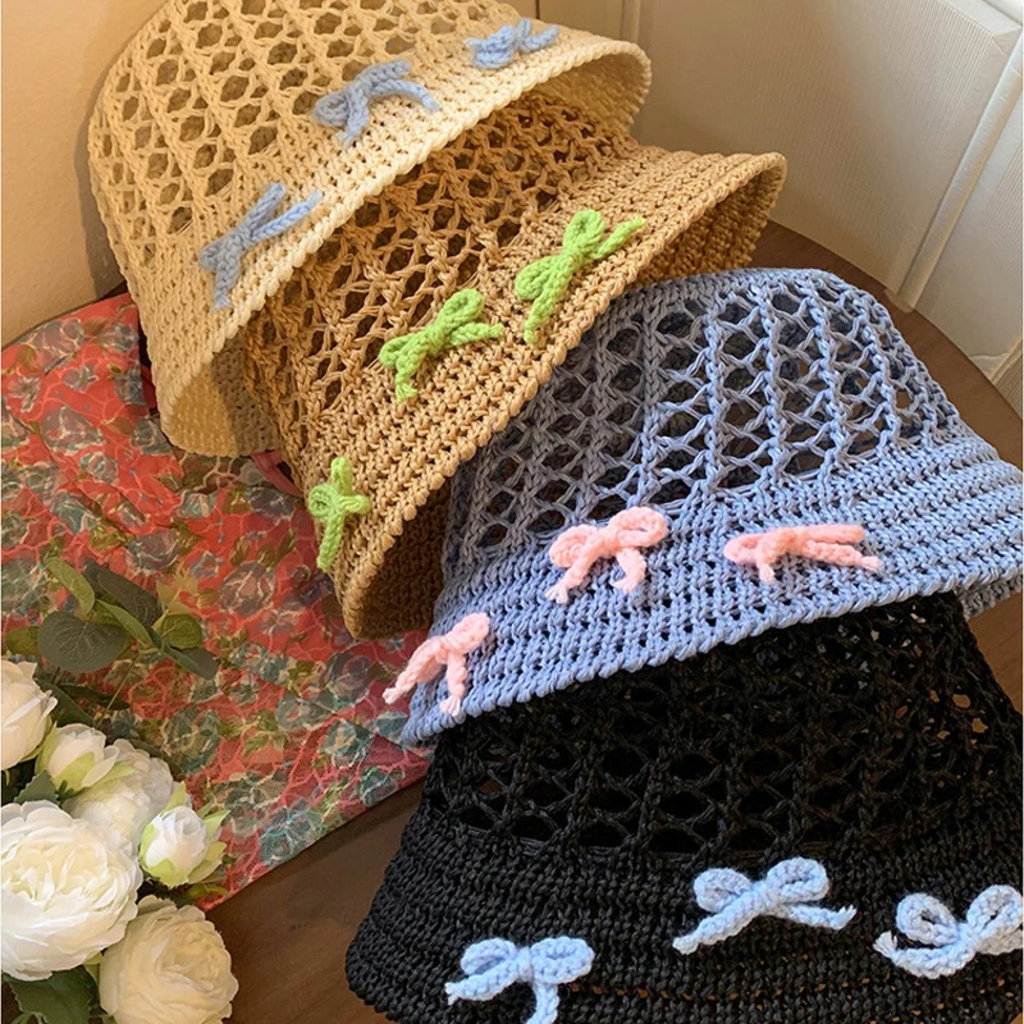 Open-Weave Bow Crochet Bucket Hat