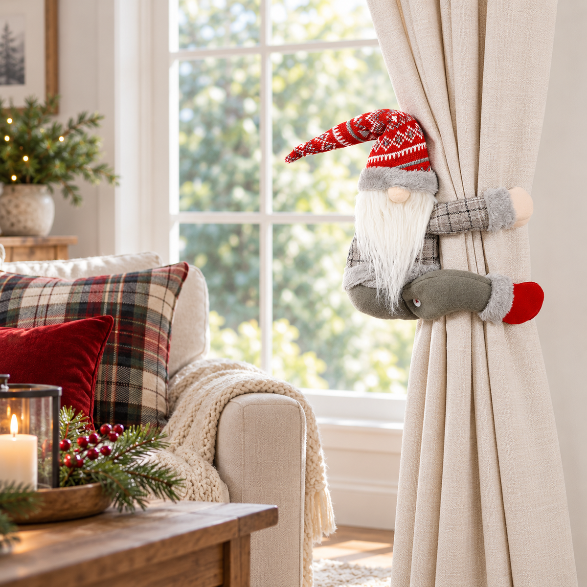 Red-Hat Christmas Gnome Curtain Tieback