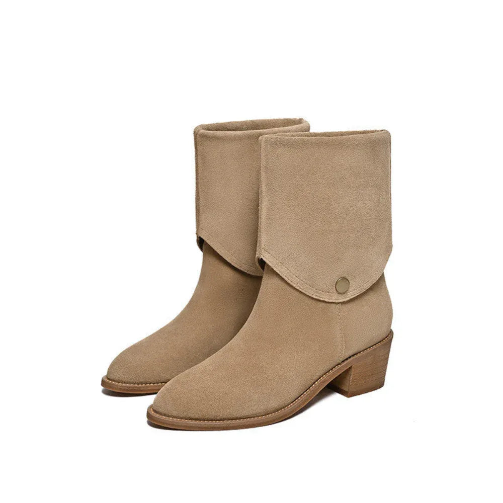 Matte Cowhide Leather Western Denim Pointed-Toe Short Tube Boots For Women