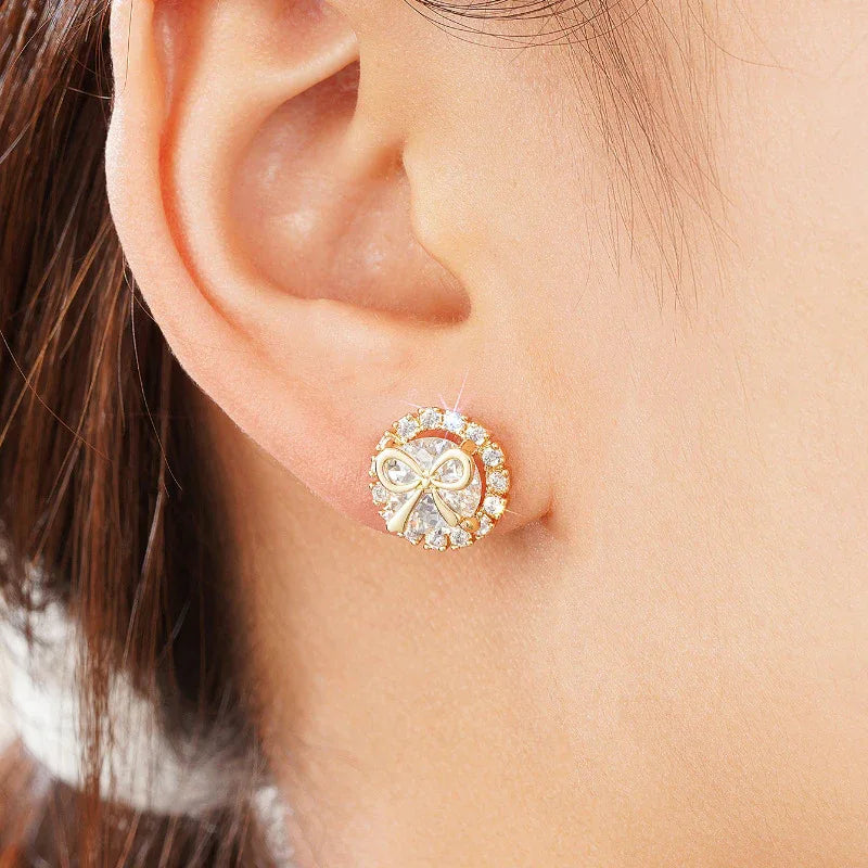 Women's Bow Stud Earrings Sweet Accessory Micro Inlaid Zircon