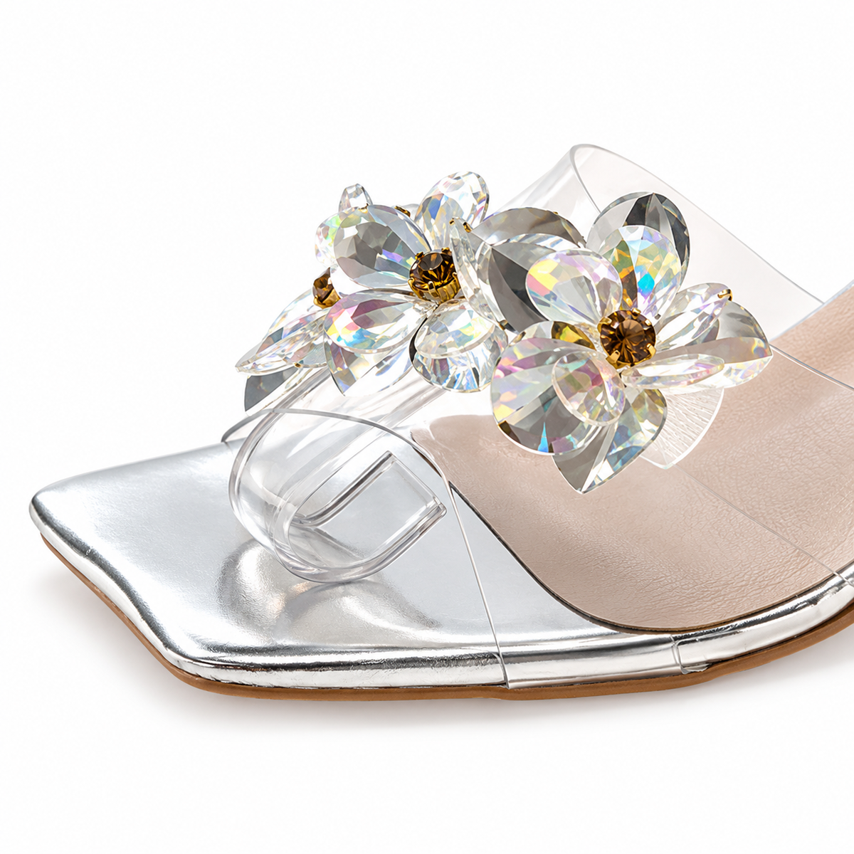 Crystal Flower Clear Heel Mules