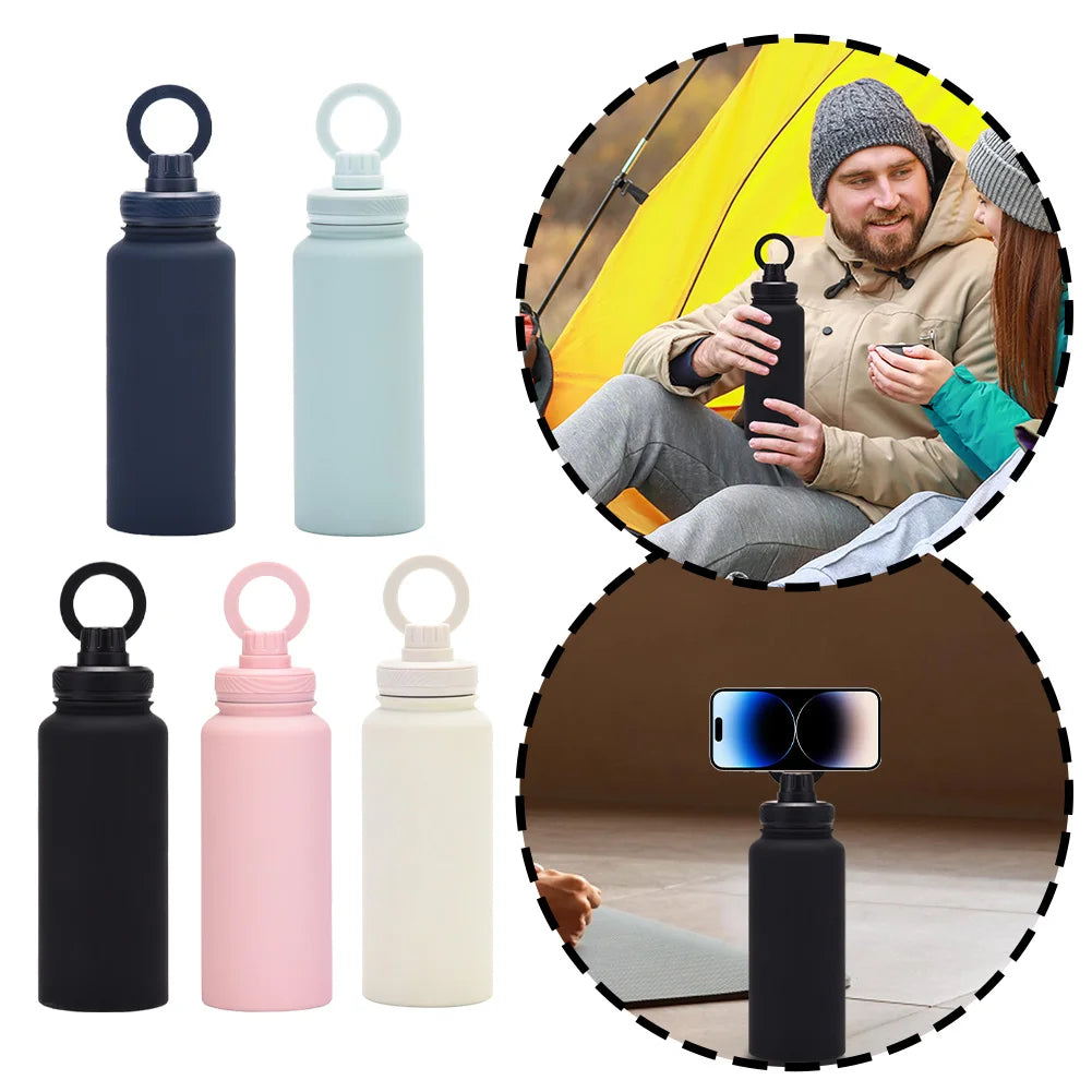 Isolierte Wasserflasche mit Handyhalterung