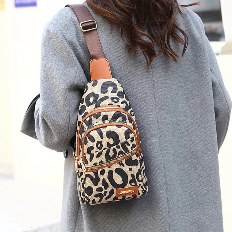 Leopard Print Sling Chest Bag With Headphone Jack Crossbody Shoulder Bag For Women
