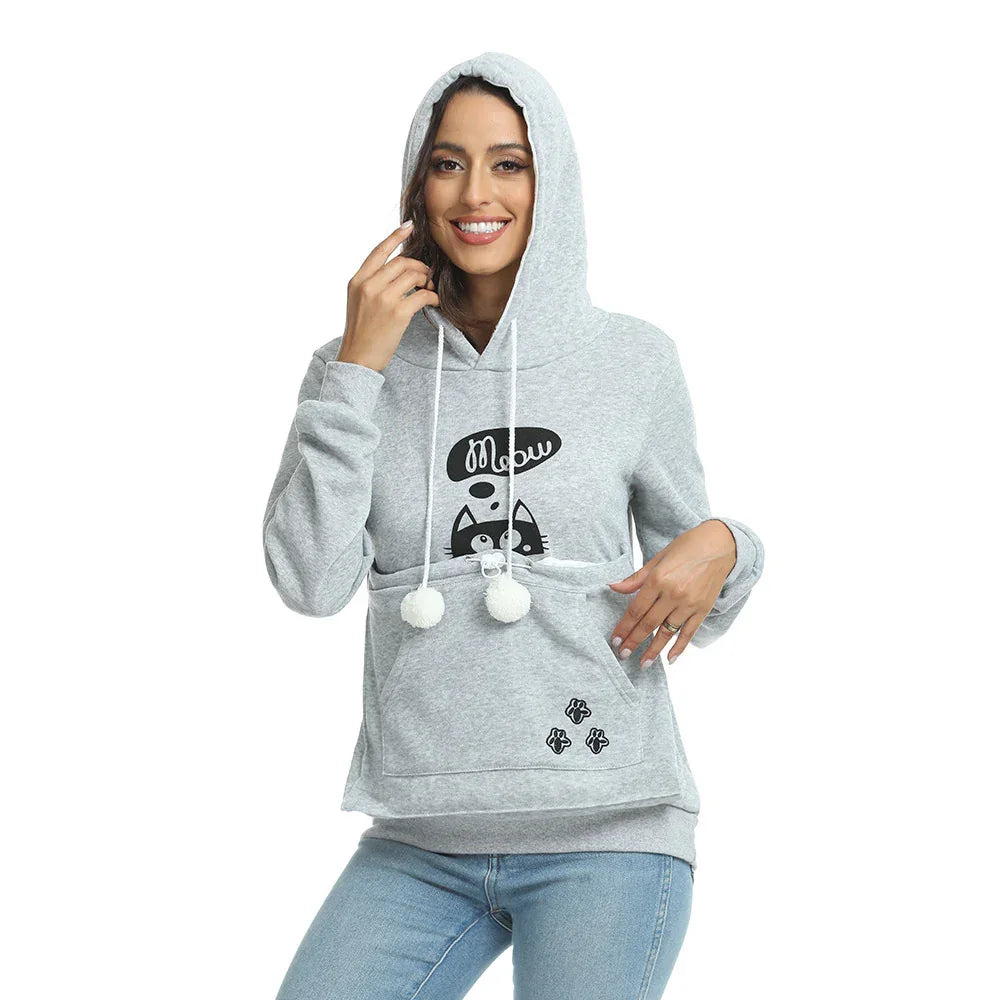 Casual Cat Print Hoodie With Big Pocket For Pets Long Sleeve Sweater Women Hooded Tops Clothes