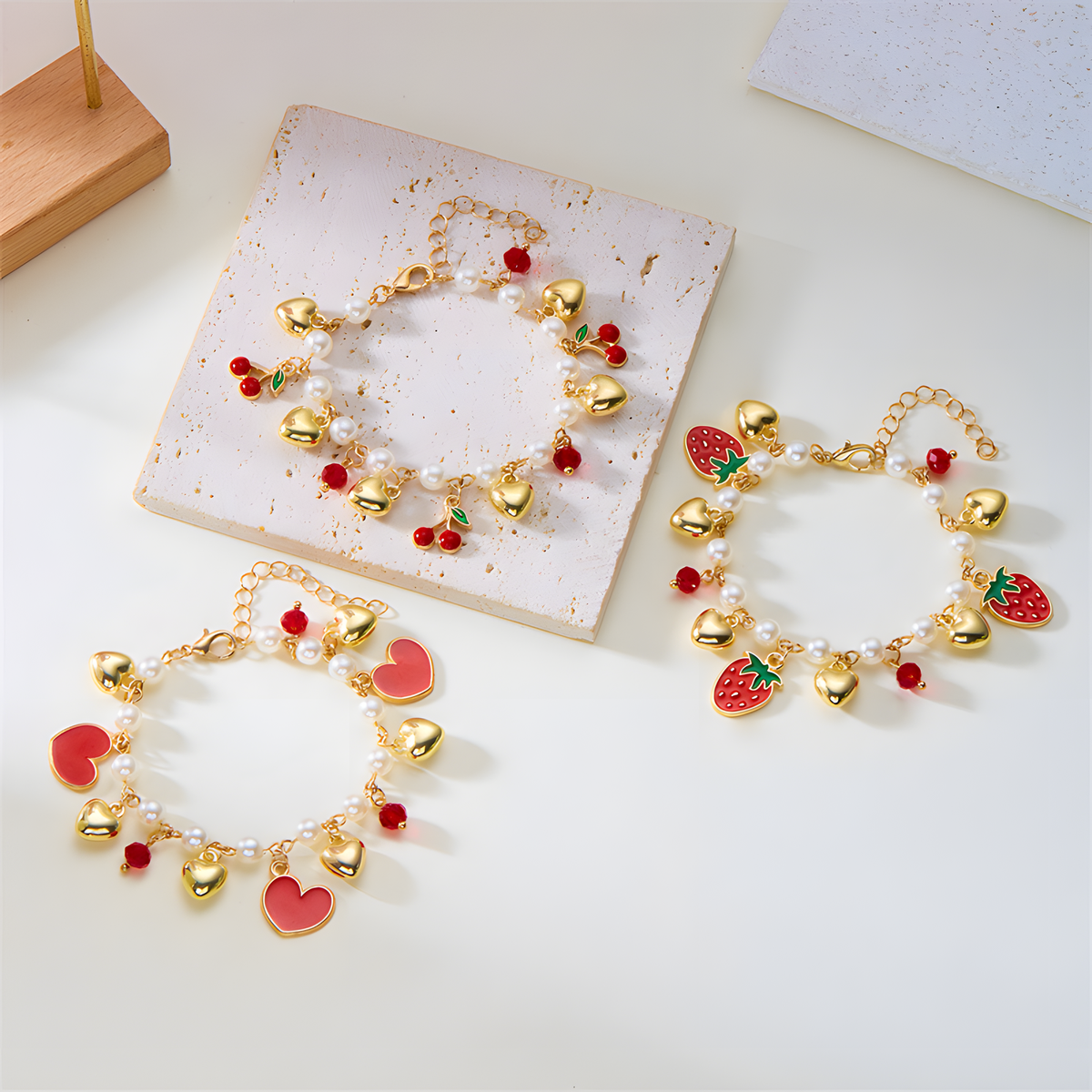 Pearl-Look Fruit and Heart Charm Bracelet