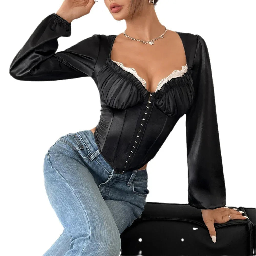 See-Through Mesh Patchwork Lace Chest Cotton Long-Sleeved Top