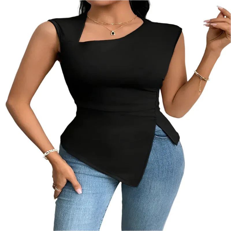 Irregular Women's T-Shirt Diagonal Collar Sleeveless Top