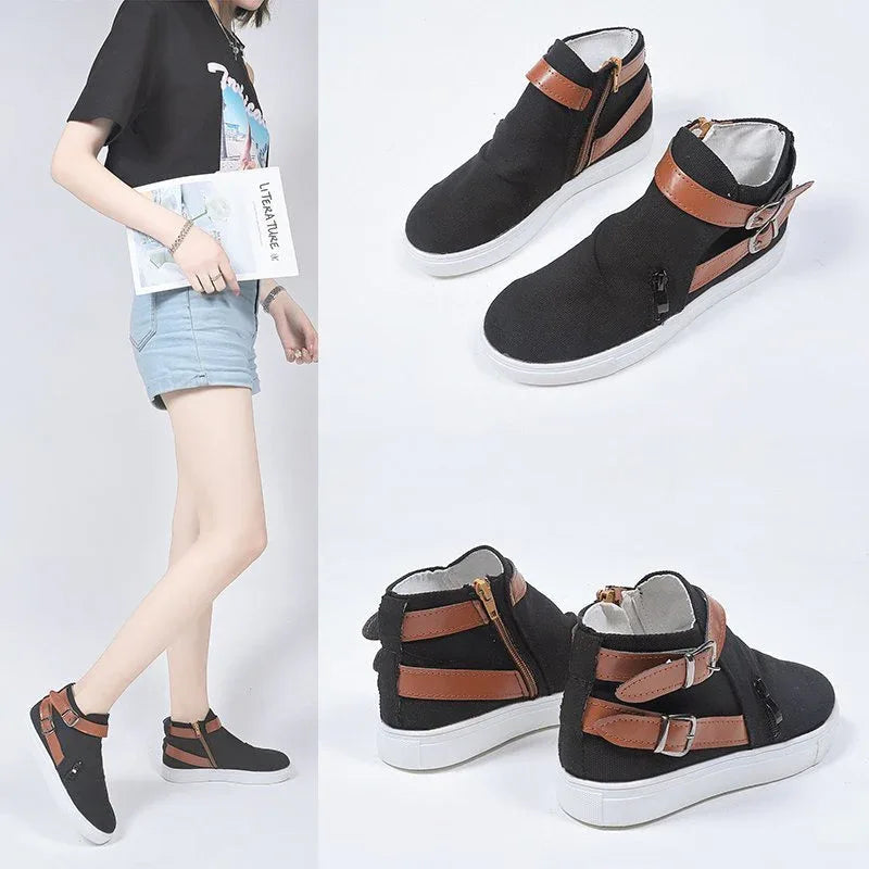 Women's Shoes Side Zipper Double Buckle Canvas Sneakers