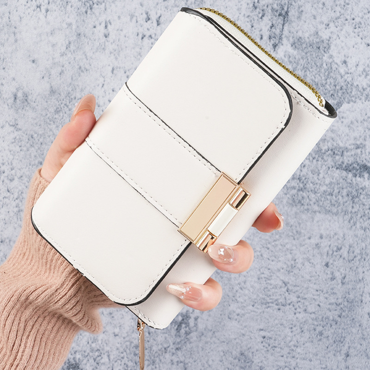 Gold-Clasp Foldover Zip Wallet