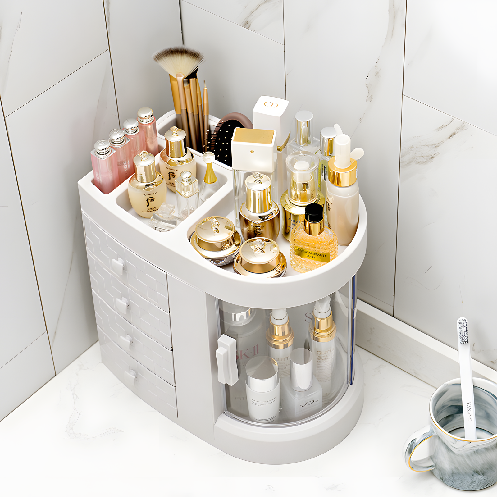 Rotating Makeup Organizer With Drawers