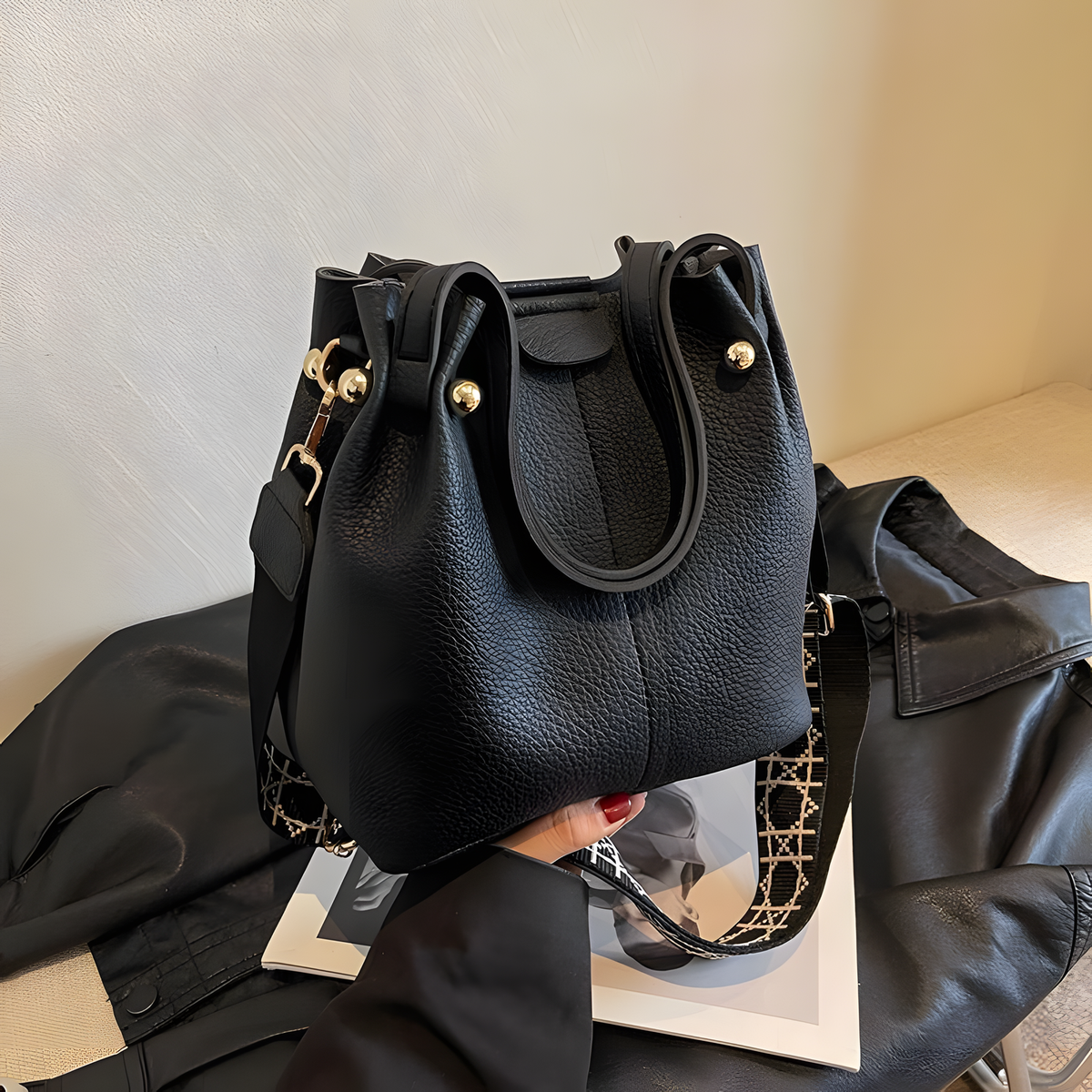 Wide-Strap Bucket Bag