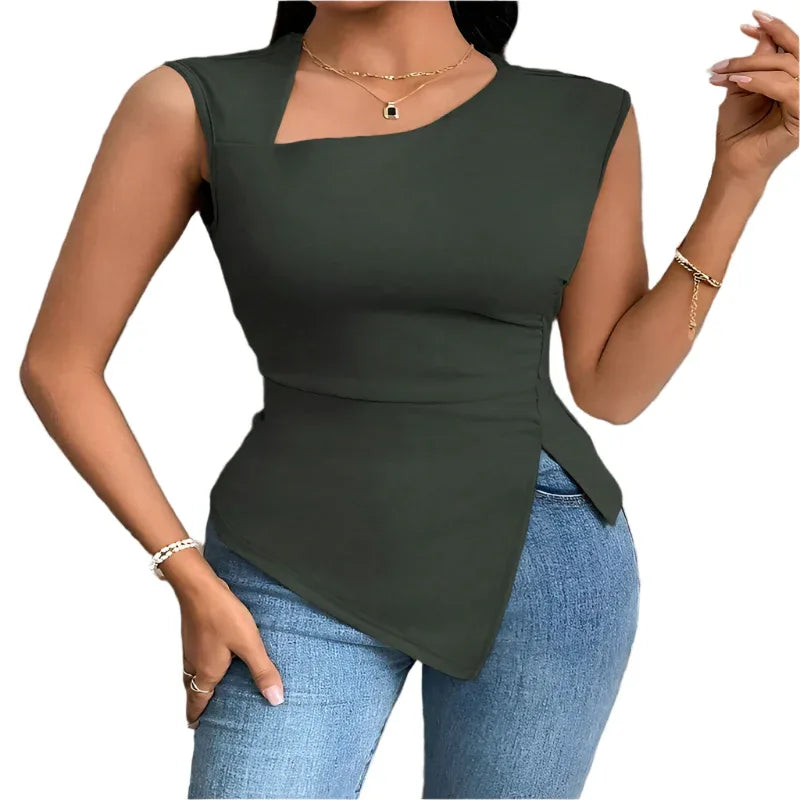 Irregular Women's T-Shirt Diagonal Collar Sleeveless Top