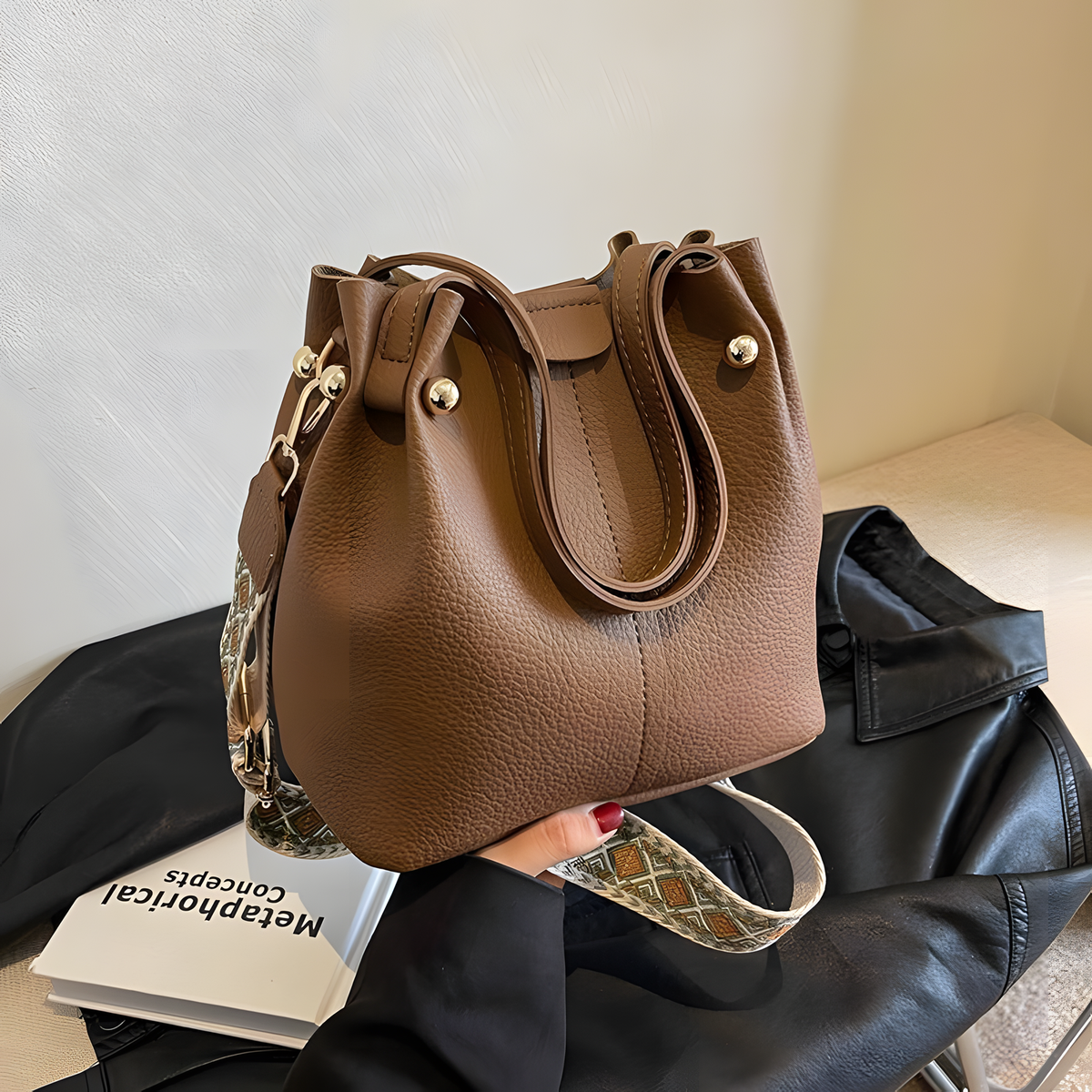 Wide-Strap Bucket Bag