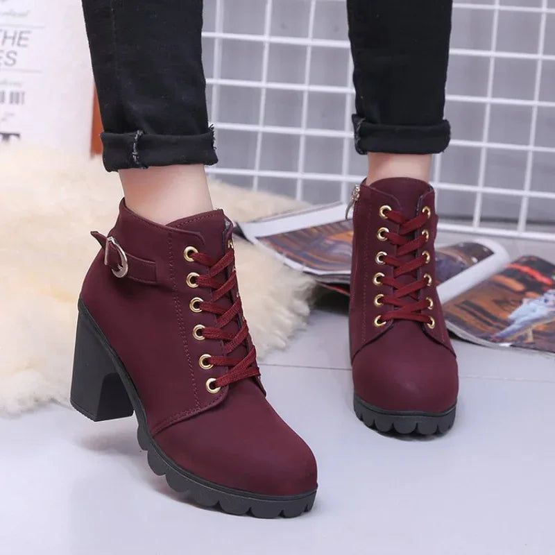Spring Women's Boots High Quality Solid Lace-Up European Ladies Shoes With High Heels