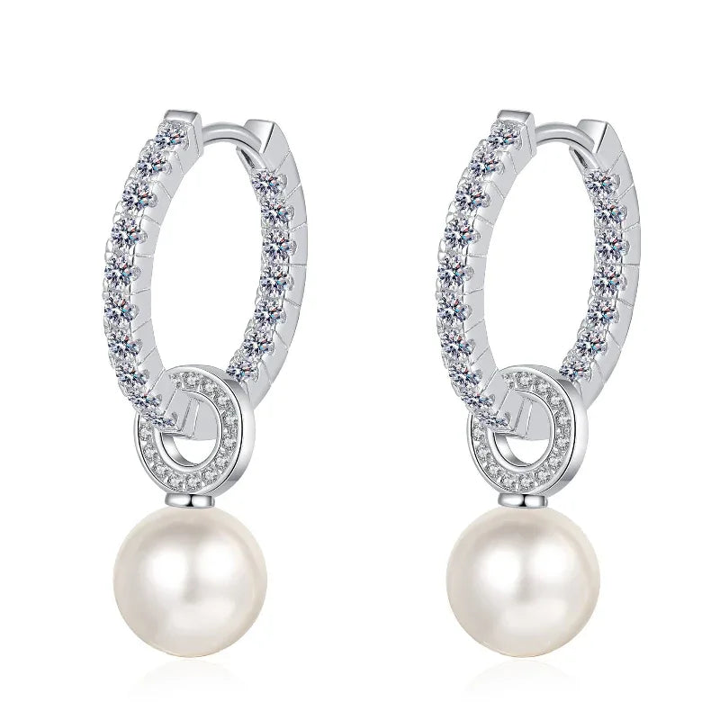 925 Sterling Silver Freshwater Pearl Inlaid Moissanite Earrings For Women