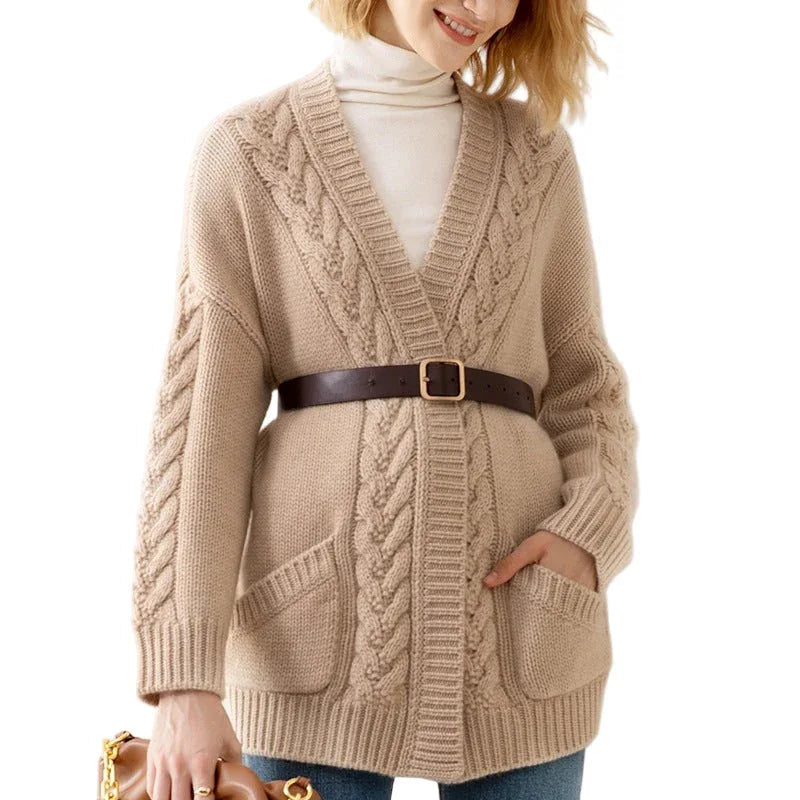 Women's V-Neck Temperament Knitted Loose Twist Mid-Length Sweater