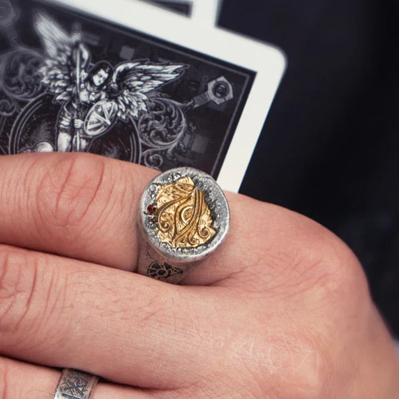 Pharaoh's Treasure Horus Eye Silver Inlaid Copper Ring