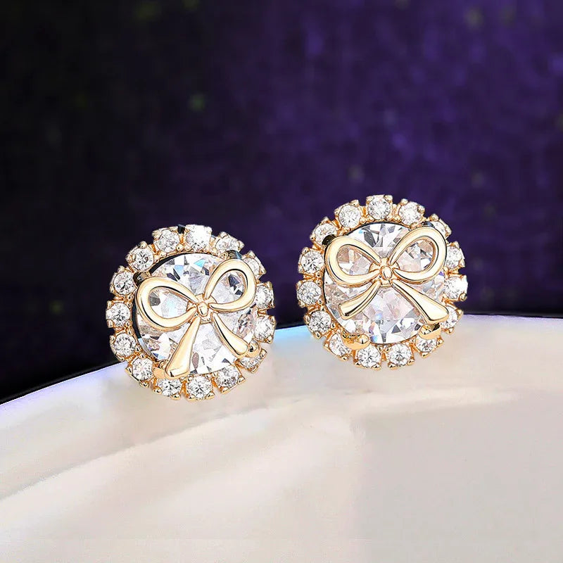 Women's Bow Stud Earrings Sweet Accessory Micro Inlaid Zircon