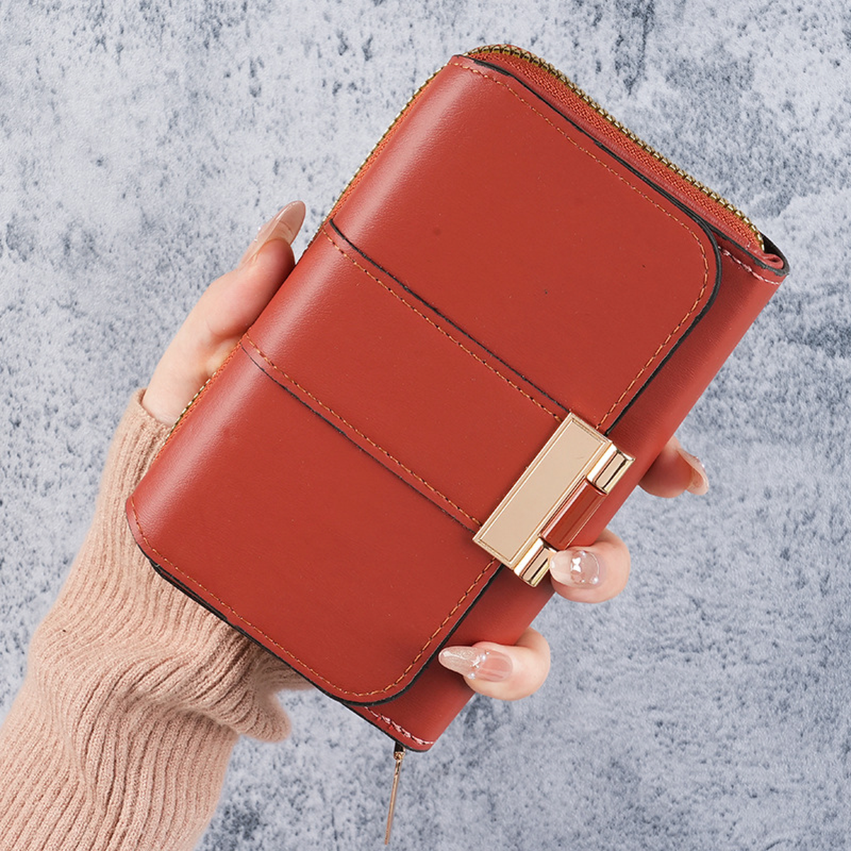 Gold-Clasp Foldover Zip Wallet