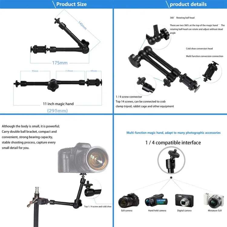 Magic Arm Dubbel 360° Kulled + Klämma - 11" - Aluminium - Bausatz