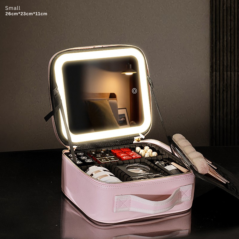 Sminkväska med LED-spegel, svart och rosa