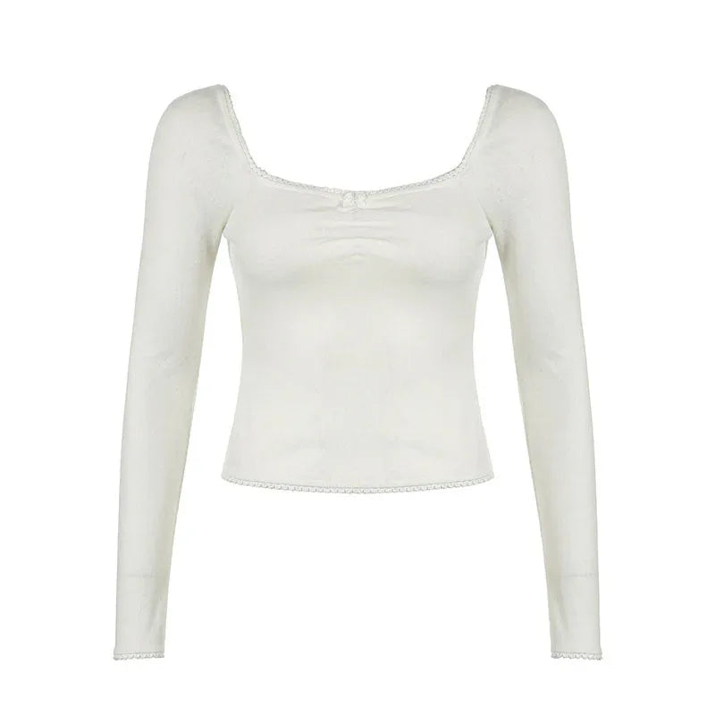 French Pure Desire Square Collar Lace Bow Long Sleeve Top For Women