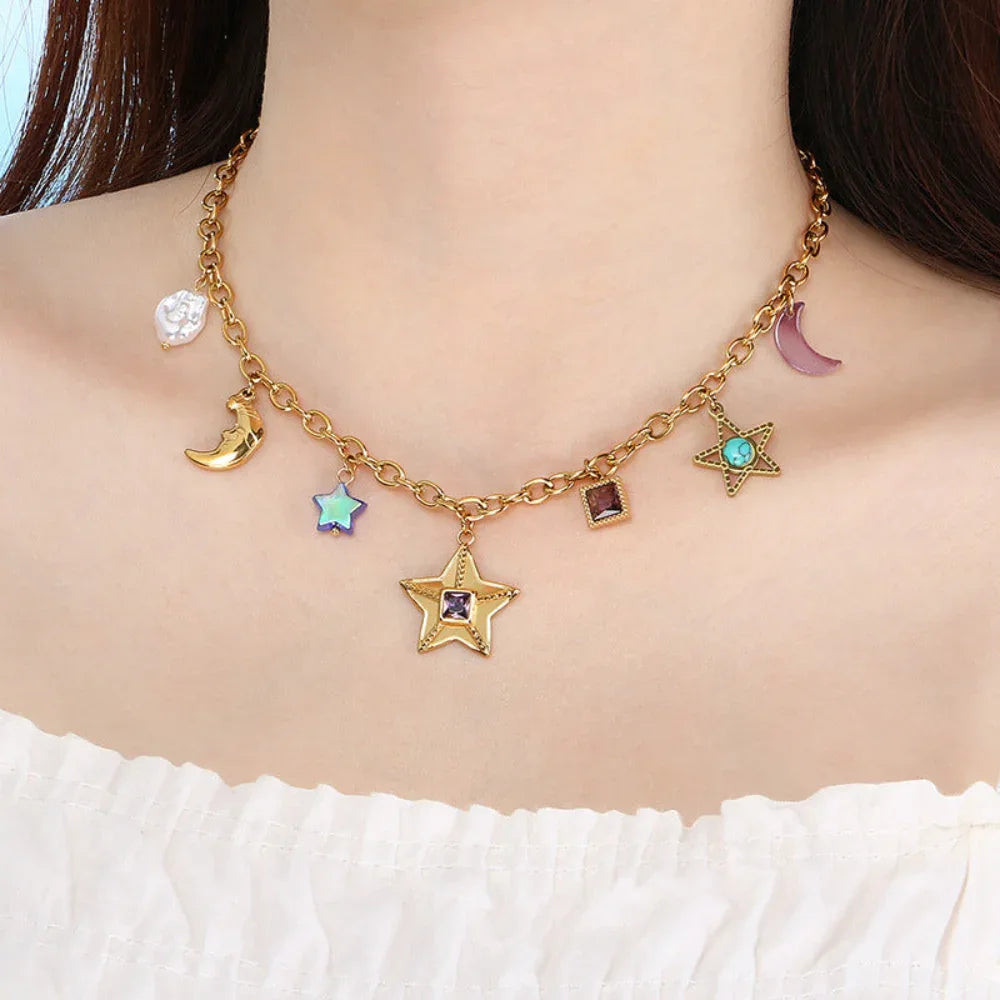 Fashion Personality Star Moon Color Artificial Glass Pearl Stainless Steel Women's Necklace