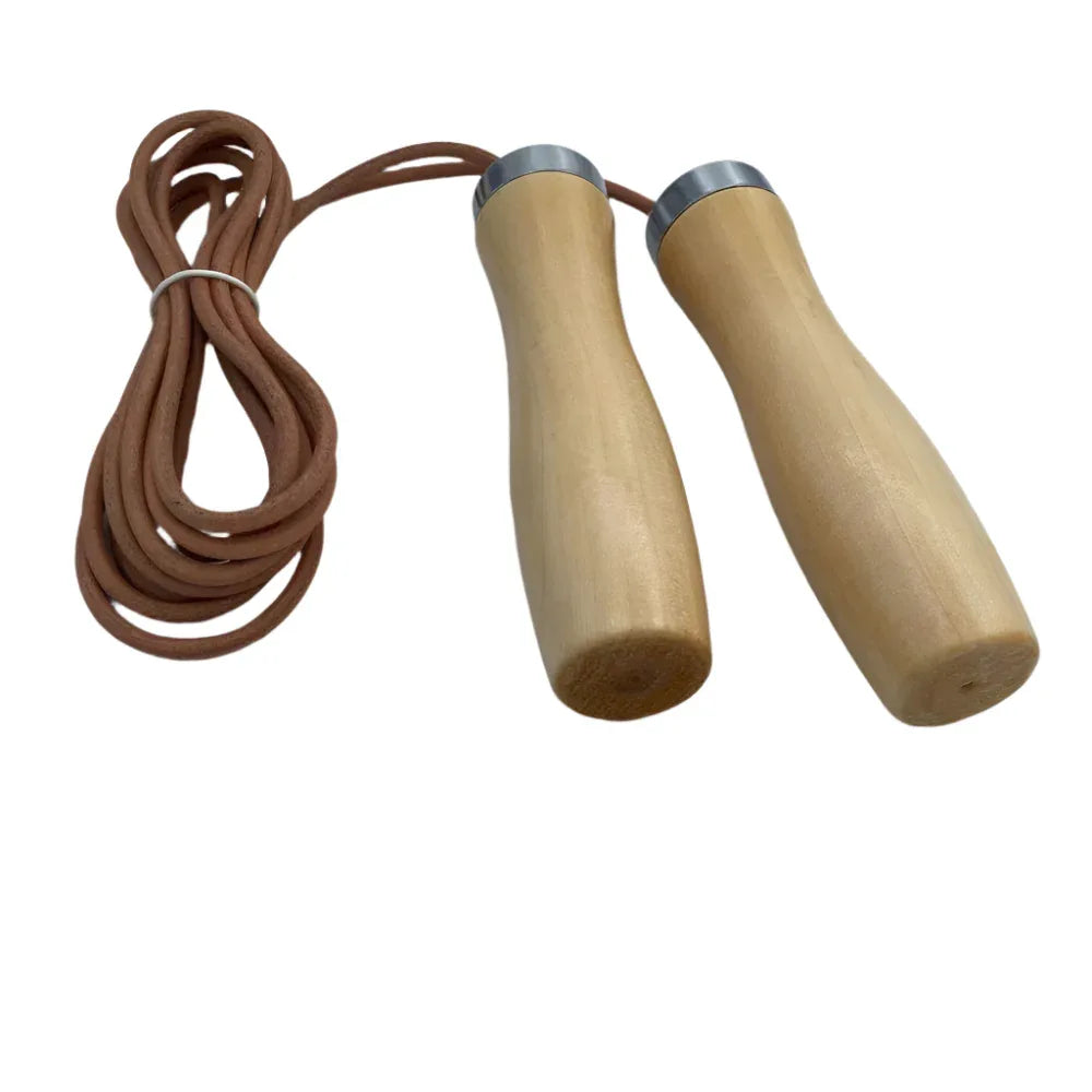 Real Cowhide Leather Rope With Solid Wood Handles Fitness Training Jump Rope