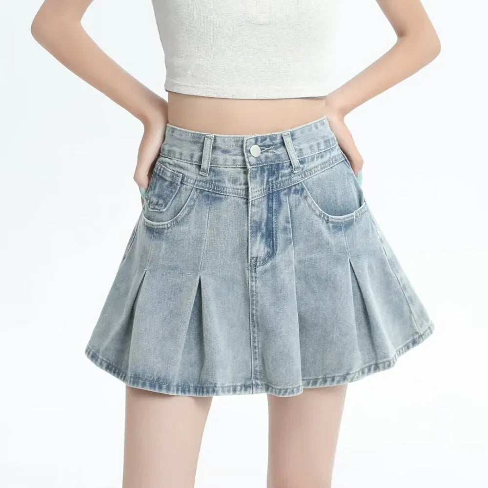Retro Denim Skirt Summer A- Line Pleated Skirt For Women