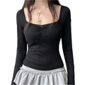 French Pure Desire Square Collar Lace Bow Long Sleeve Top For Women