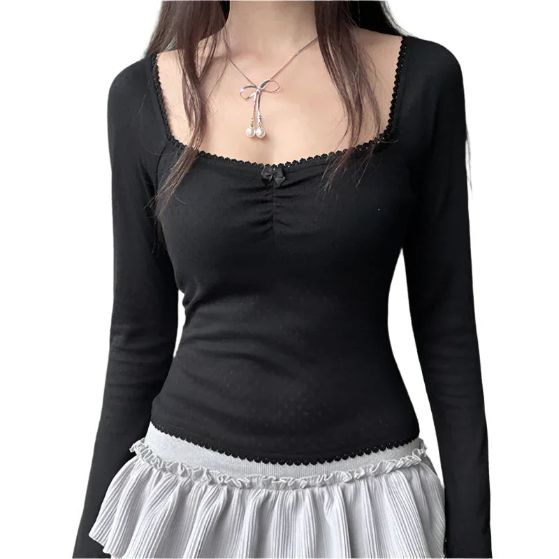 French Pure Desire Square Collar Lace Bow Long Sleeve Top For Women