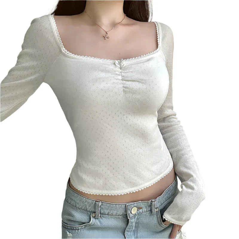 French Pure Desire Square Collar Lace Bow Long Sleeve Top For Women