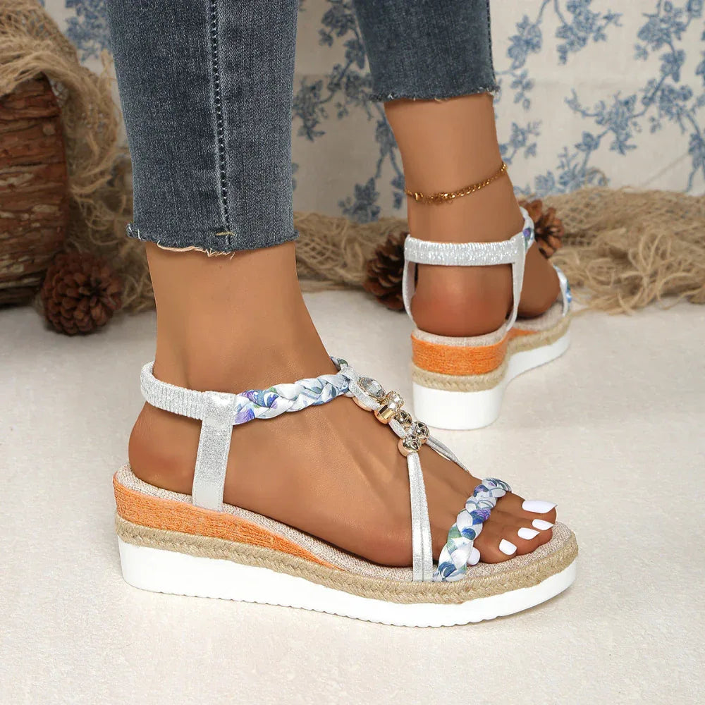 Round Toe Flat Bottom Wedge Woven Beads Sandals For Women